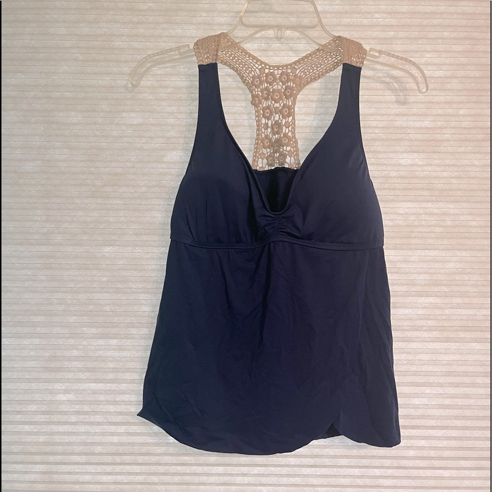 NWT Size 10 Women’s Lucky Brand Swimsuit blue with crocheted racer back straps